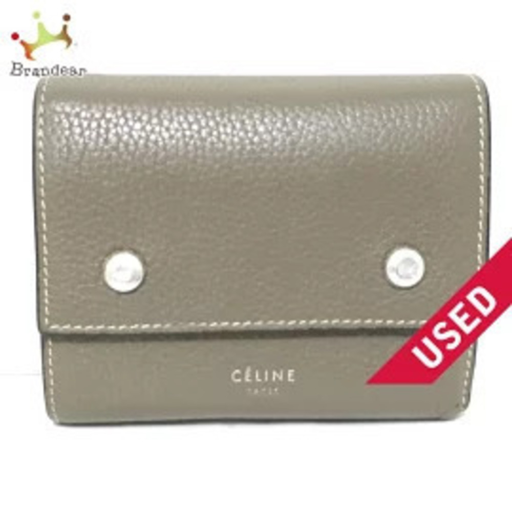 Celine Mall Folded Multifunction Tri fold Wallet Gray Beige Cream Leather